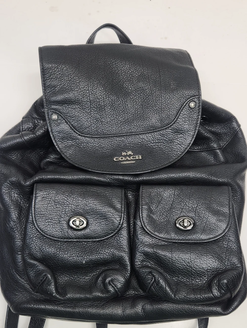 Coach Black Pebbled Leather Billie Backpack with Dual Front Pockets